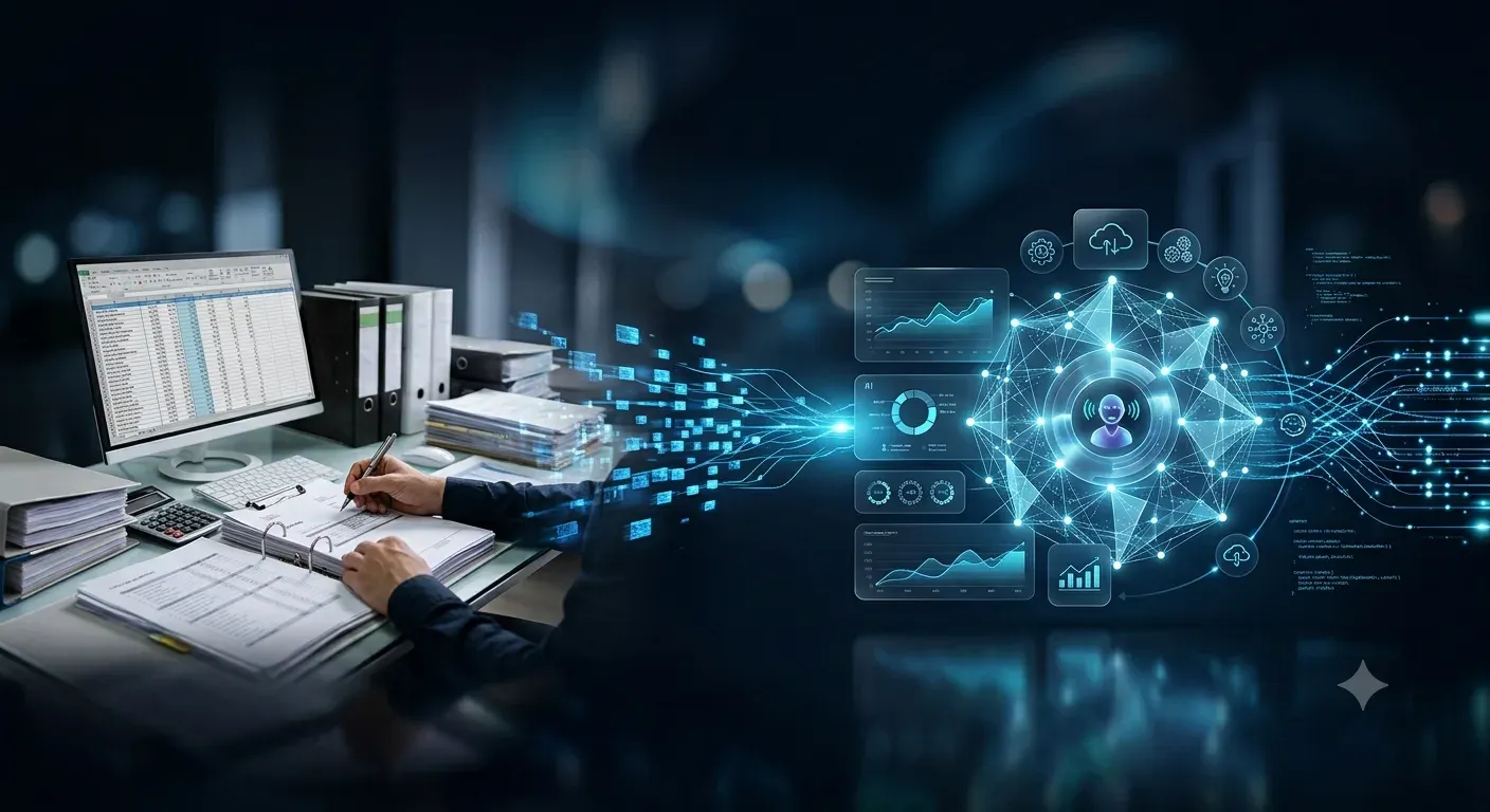 Data flowing from desk work into an AI-driven analytics dashboard