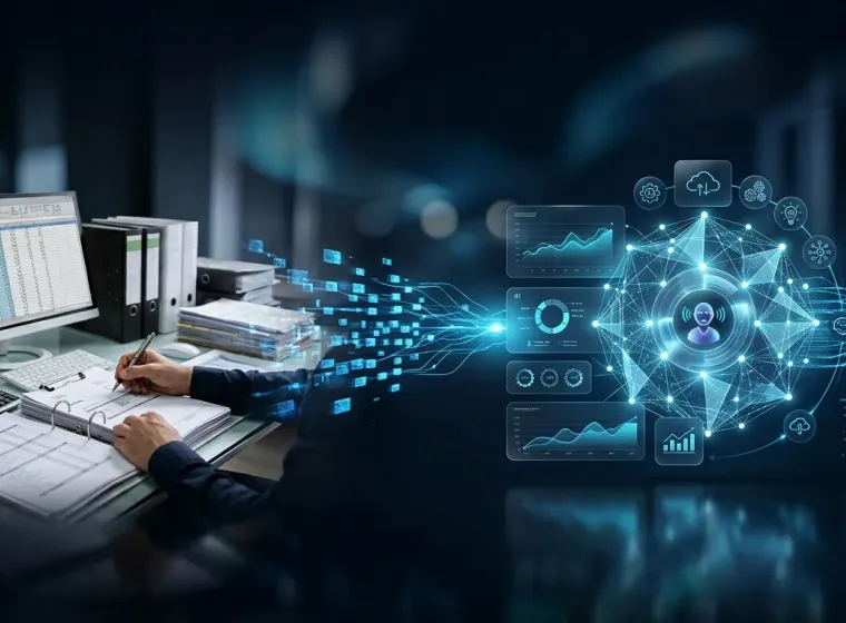 Data flowing from desk work into an AI-driven analytics dashboard